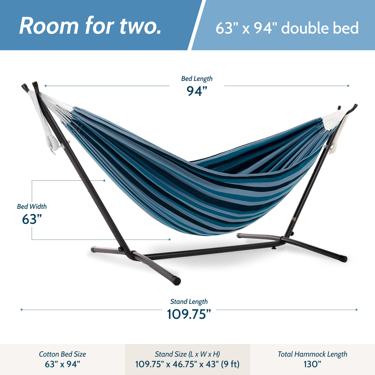 Vivere Double Cotton Hammock, Comfortable Daybed, Steel Stand, 9', Blue Lagoon - VMInnovations