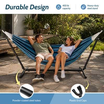 Vivere Double Cotton Hammock, Comfortable Daybed, Steel Stand, 9', Blue Lagoon - VMInnovations