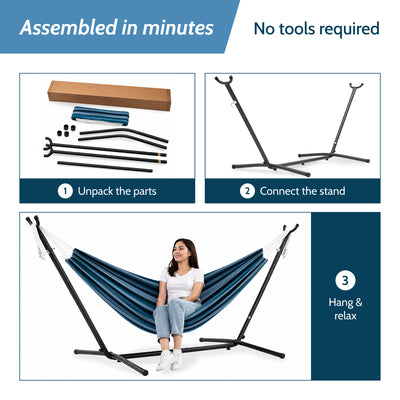 Vivere Double Cotton Hammock, Comfortable Daybed, Steel Stand, 9', Blue Lagoon - VMInnovations