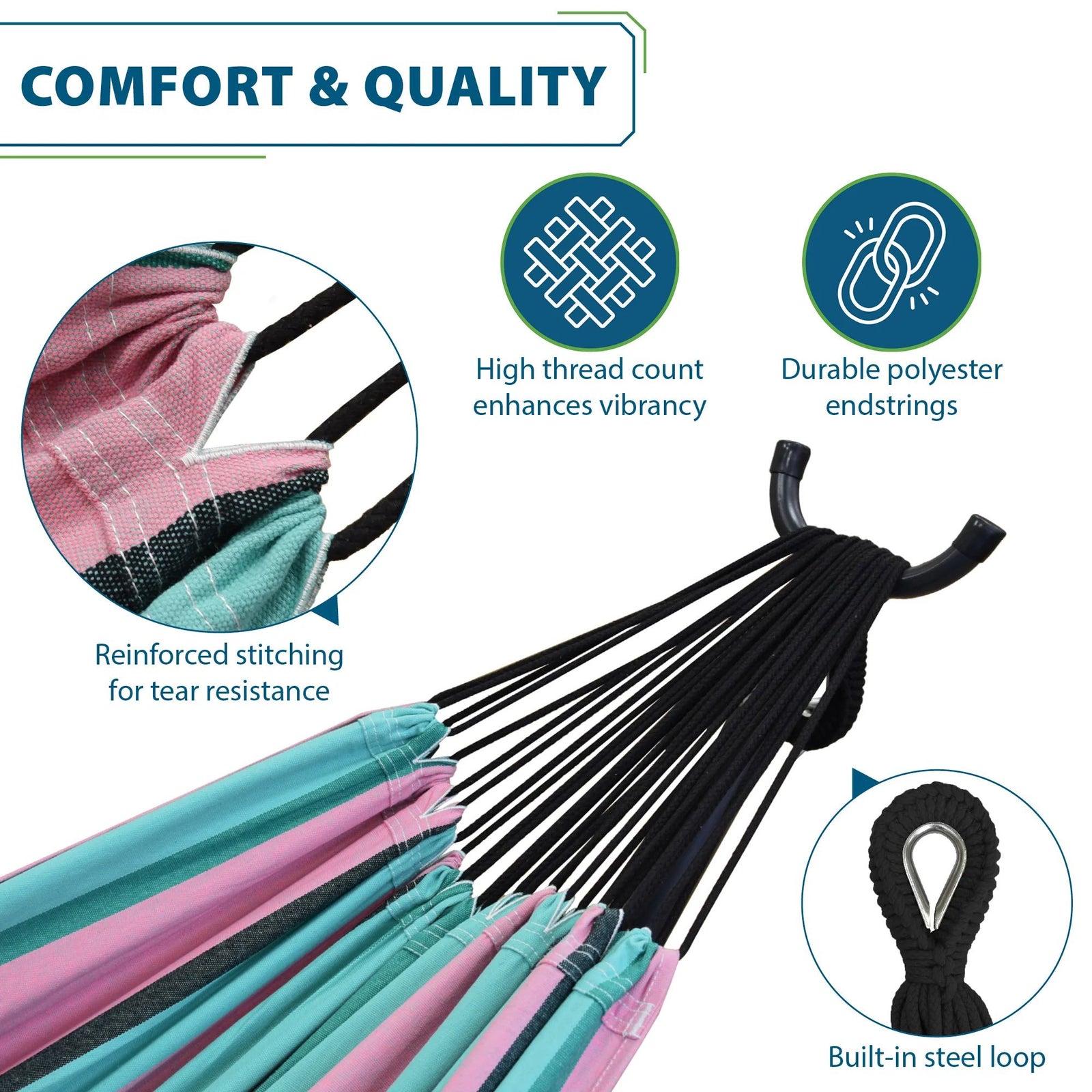 Vivere Double Cotton Hammock, Comfortable Daybed, Steel Stand, 9', Watermelon - VMInnovations
