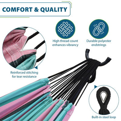 Vivere Double Cotton Hammock, Comfortable, Steel Stand, 9', Watermelon(Open Box) - VMInnovations