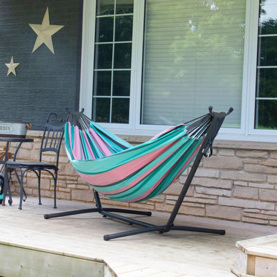 Vivere Double Cotton Hammock, Comfortable, Steel Stand, 9', Watermelon(Open Box) - VMInnovations