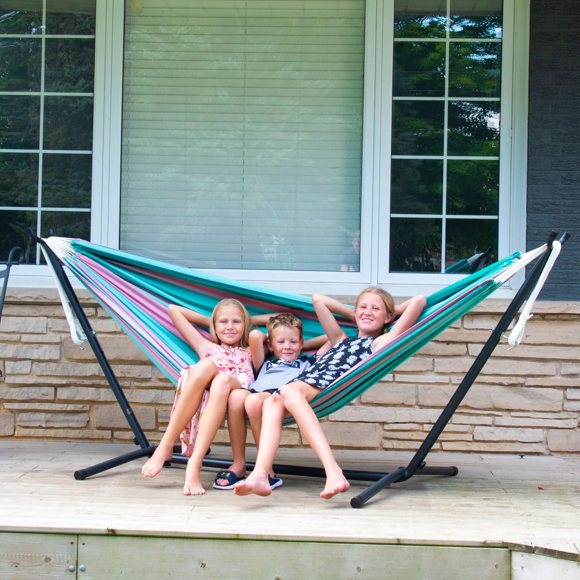 Vivere Double Cotton Hammock, Comfortable, Steel Stand, 9', Watermelon(Open Box) - VMInnovations