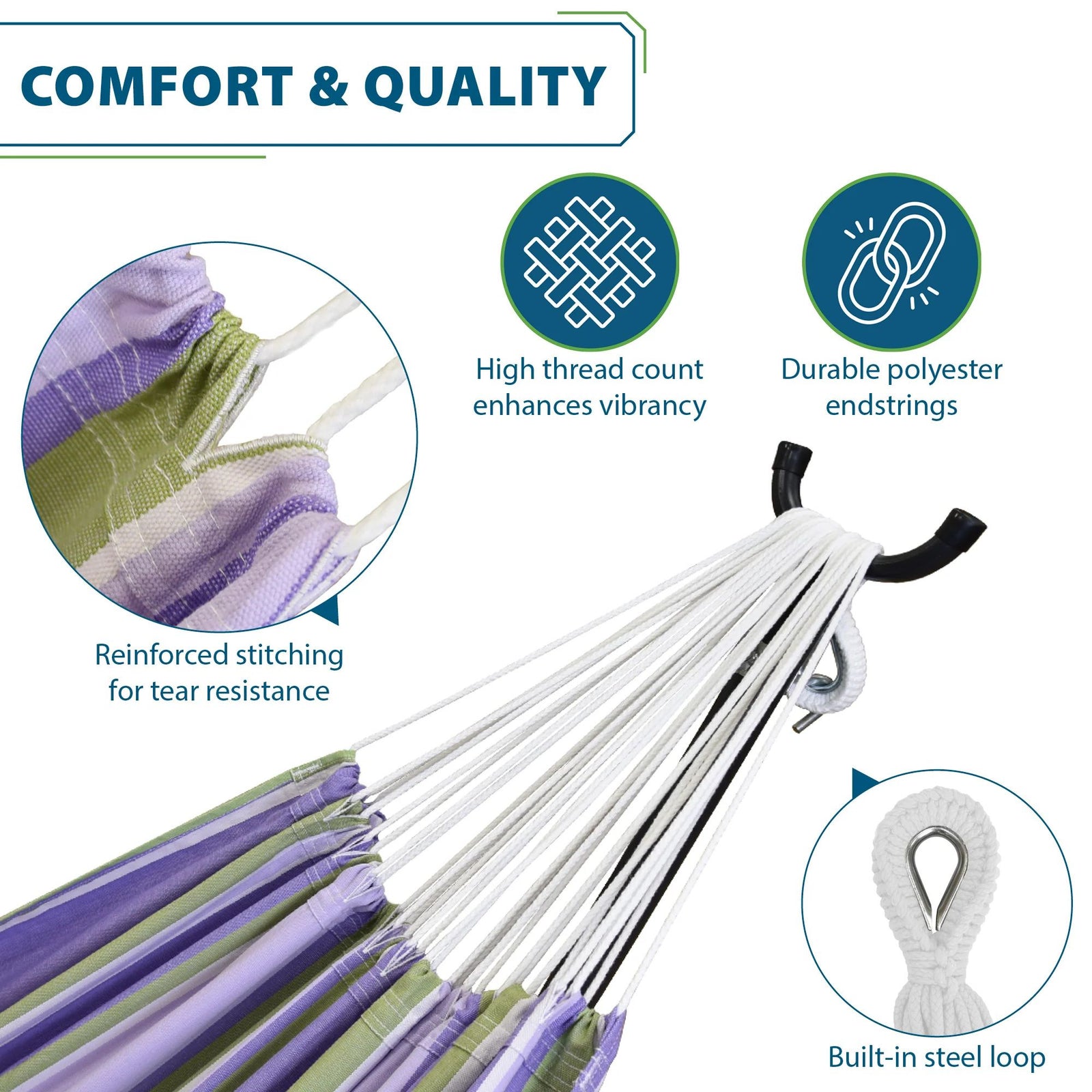 Vivere Double Cotton Hammock, Comfortable Daybed, Steel Stand, 9', Tranquility - VMInnovations