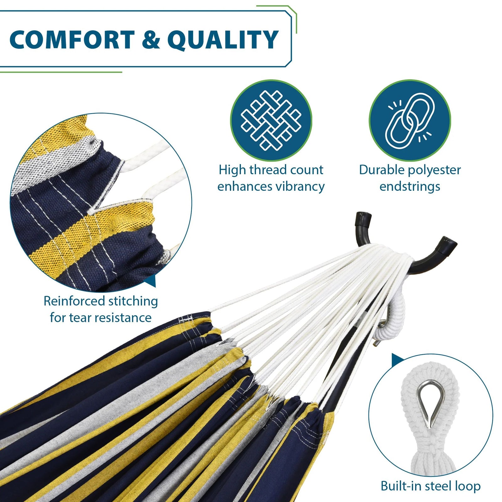 Vivere Double Cotton Hammock, Comfortable Daybed with Steel Stand, 9', Serenity - VMInnovations