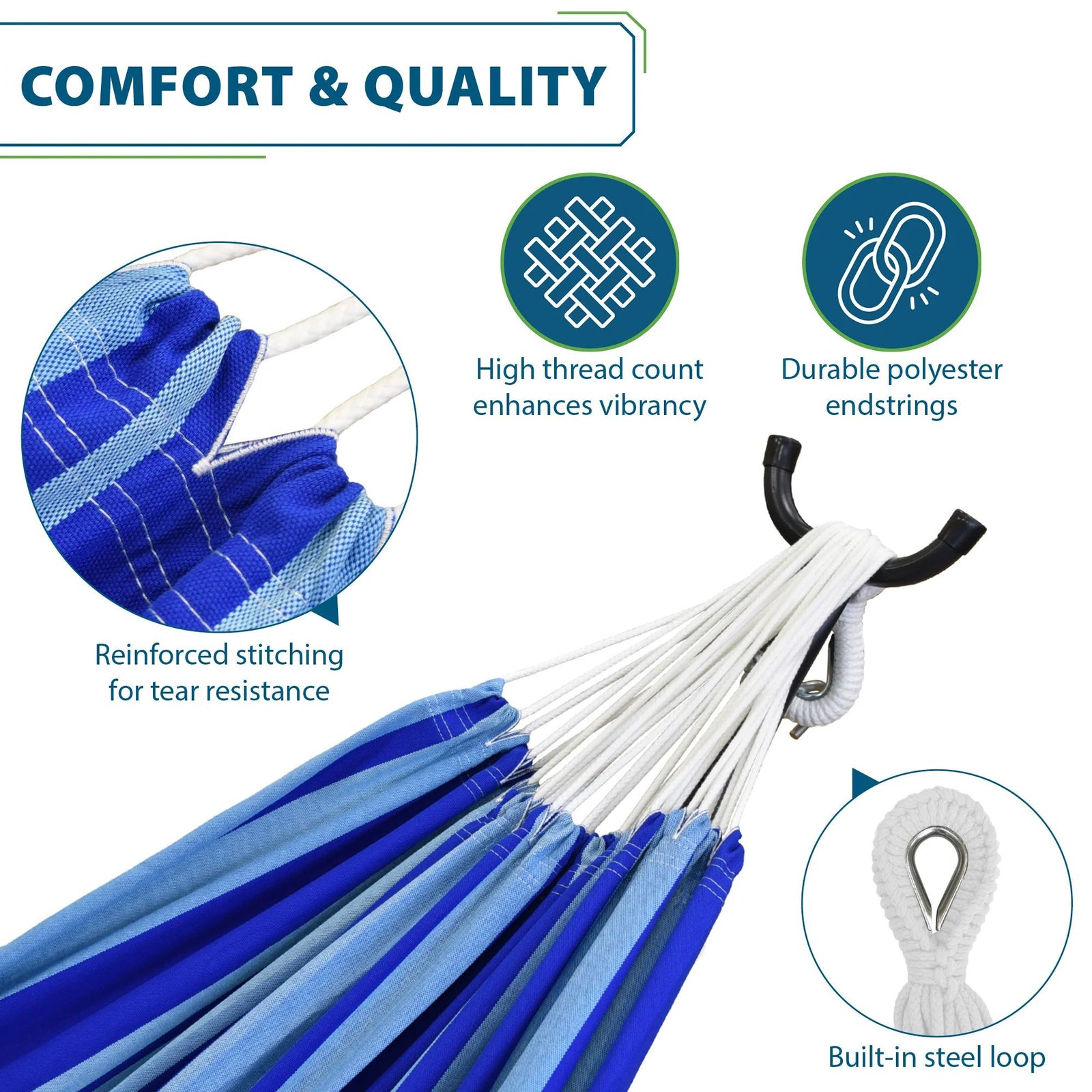 Vivere Double Cotton Hammock, Comfortable Daybed, Steel Stand, 9', Island Breeze - VMInnovations