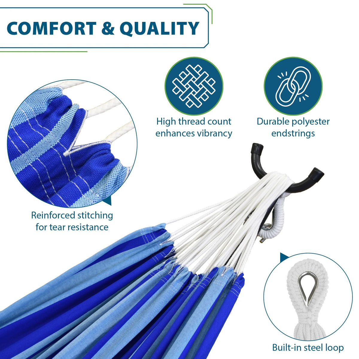 Vivere Double Cotton Hammock, Comfortable Daybed, Steel Stand, 9' (Open Box)