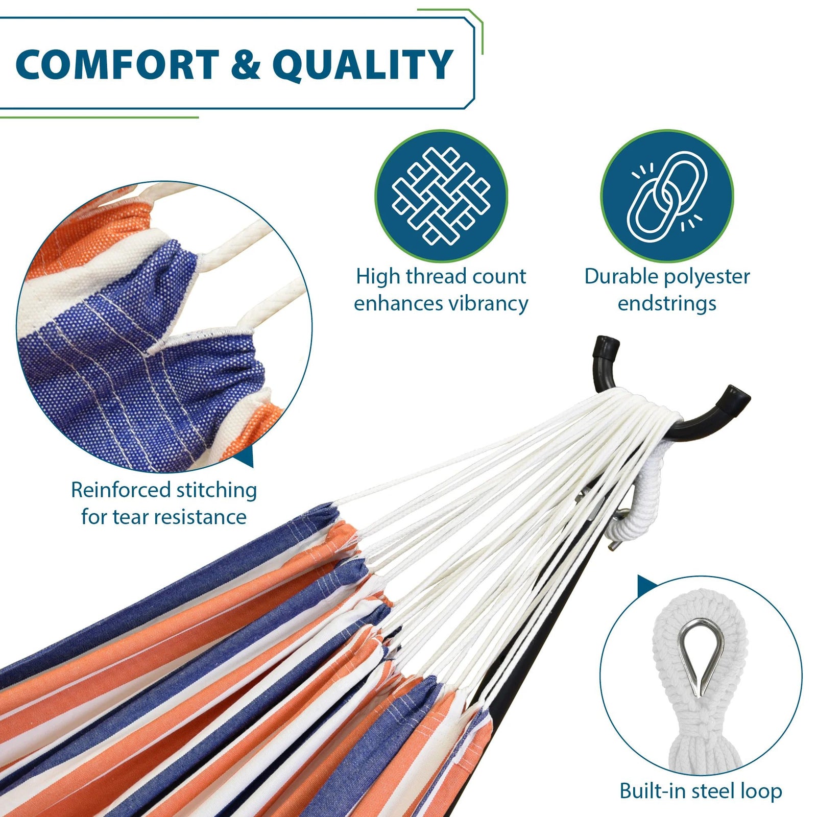 Vivere Double Cotton Hammock, Comfortable Daybed, Steel Stand, 9', Orange Punch - VMInnovations
