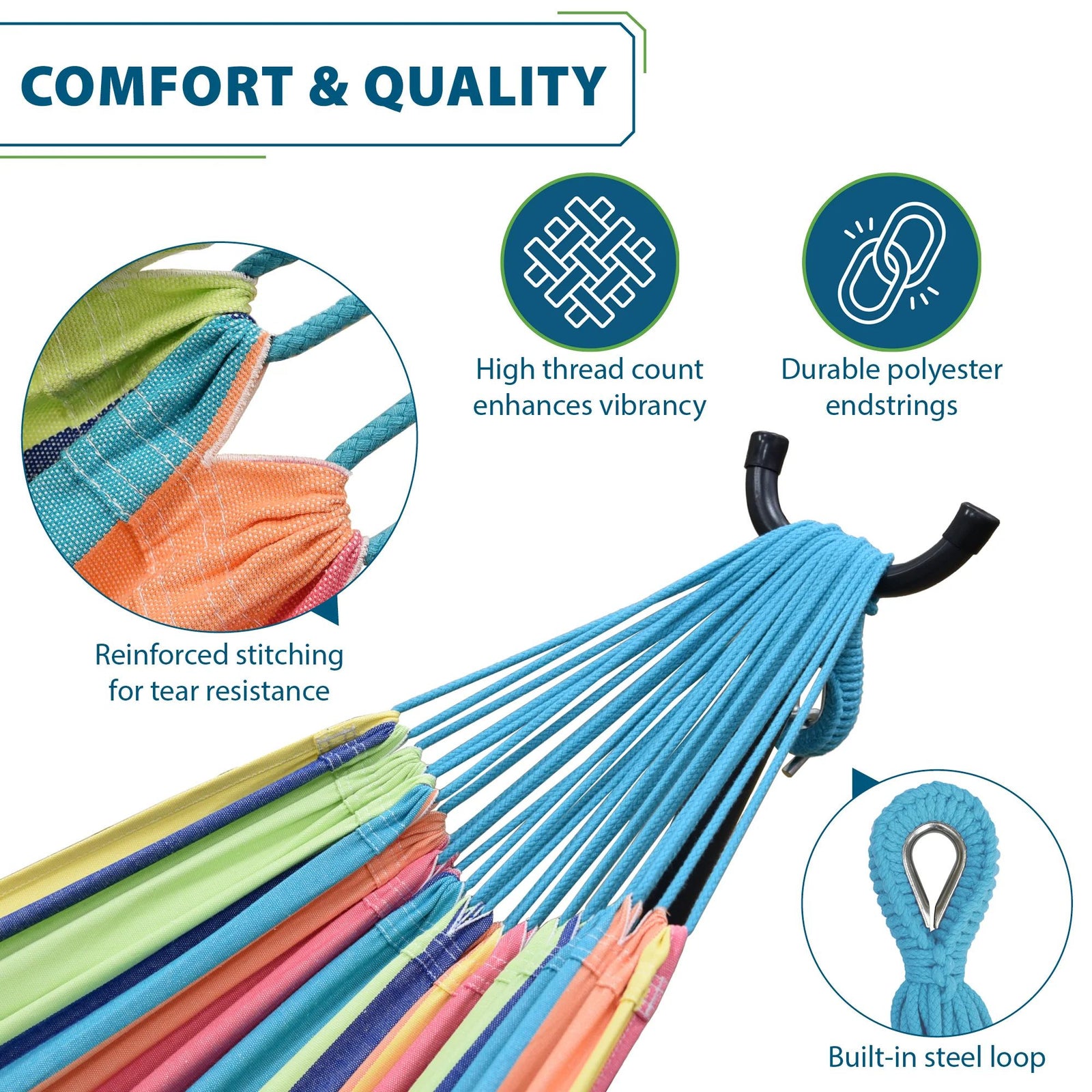 Vivere Double Cotton Hammock, Comfortable Daybed with Steel Stand, 9', Byron Bay - VMInnovations