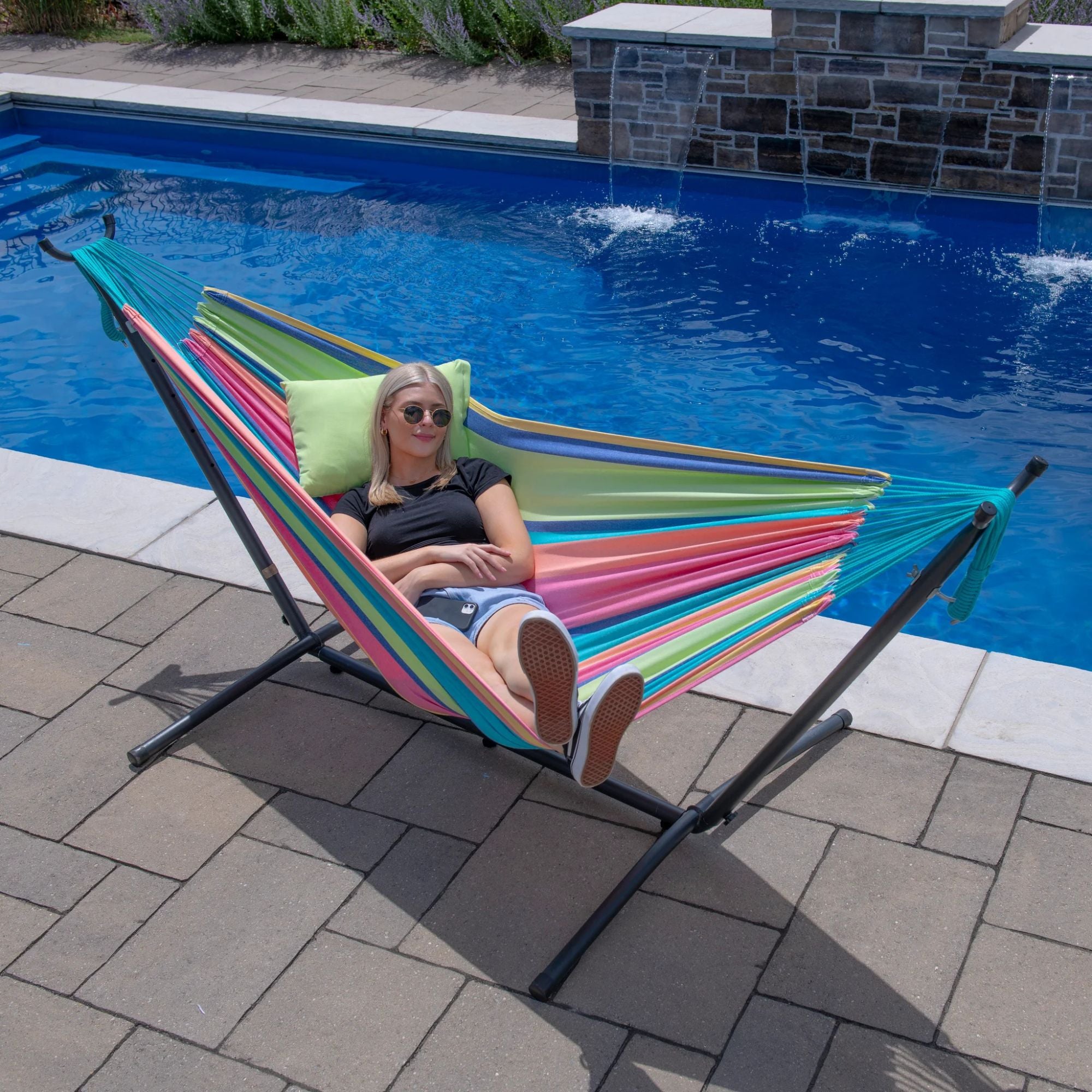 Vivere Double Cotton Hammock, Comfortable Daybed with Steel Stand, 9', Byron Bay - VMInnovations