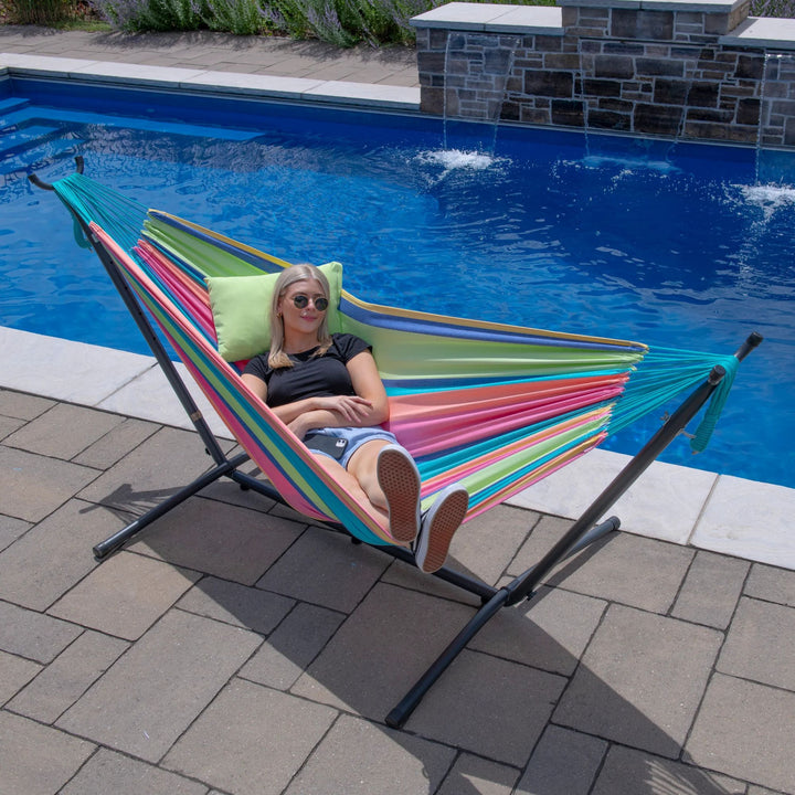Vivere Double Cotton Hammock, Comfortable Daybed with Steel Stand, 9', Byron Bay