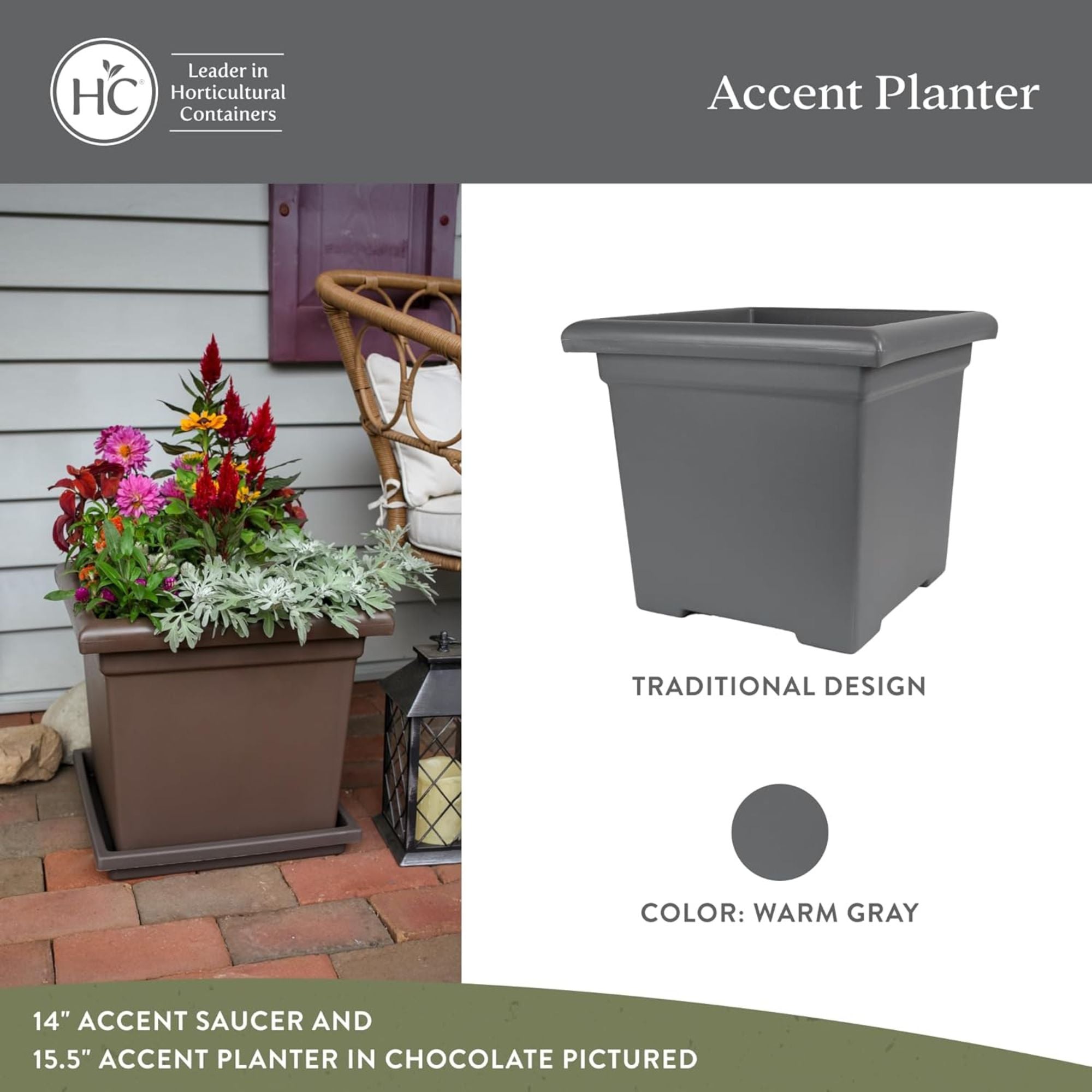 The HC Companies Accent Square Plastic Plant Pot with Drainage, 15.5", (Used) - VMInnovations