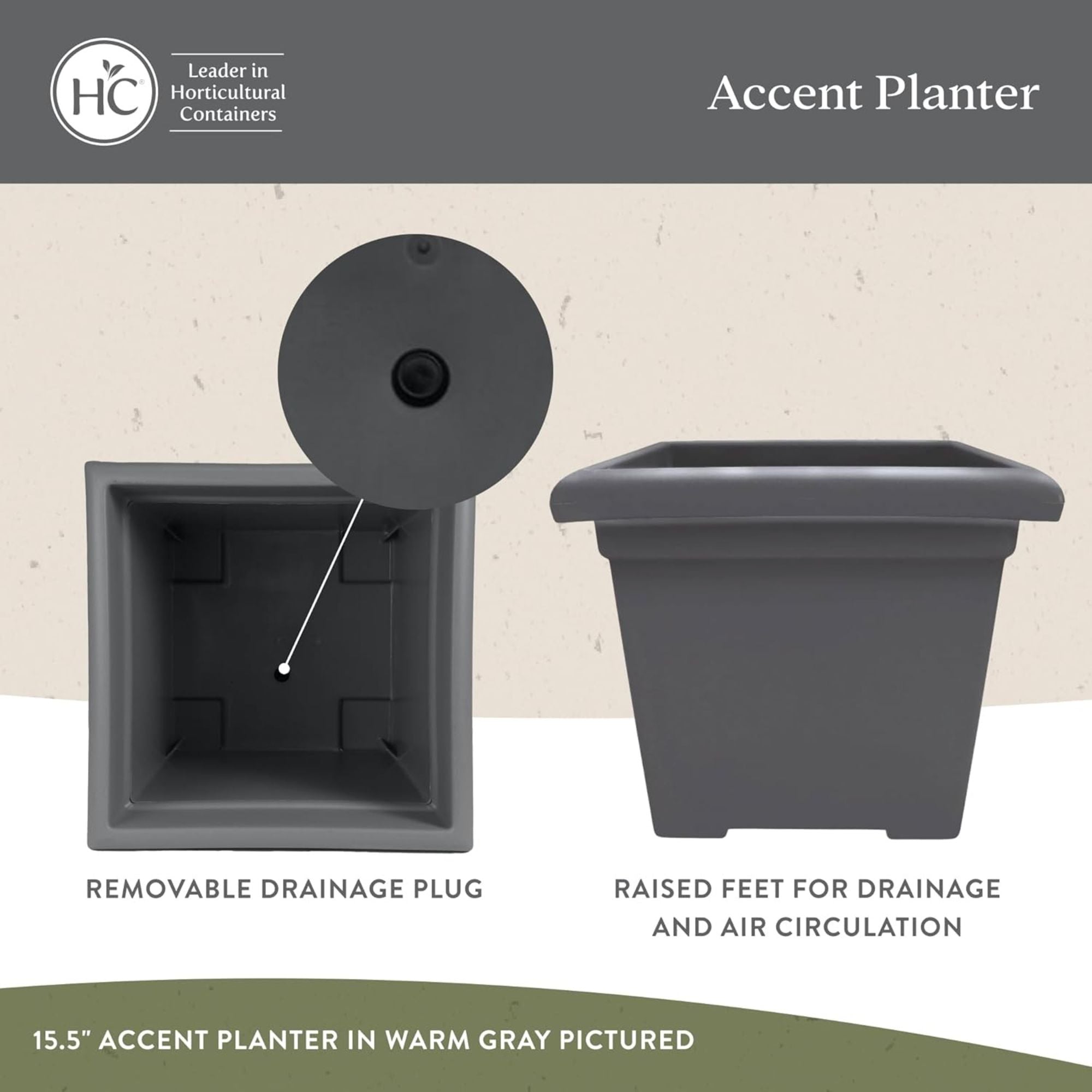 The HC Companies Accent Square Plastic Plant Pot with Drainage, 15.5", (Used) - VMInnovations