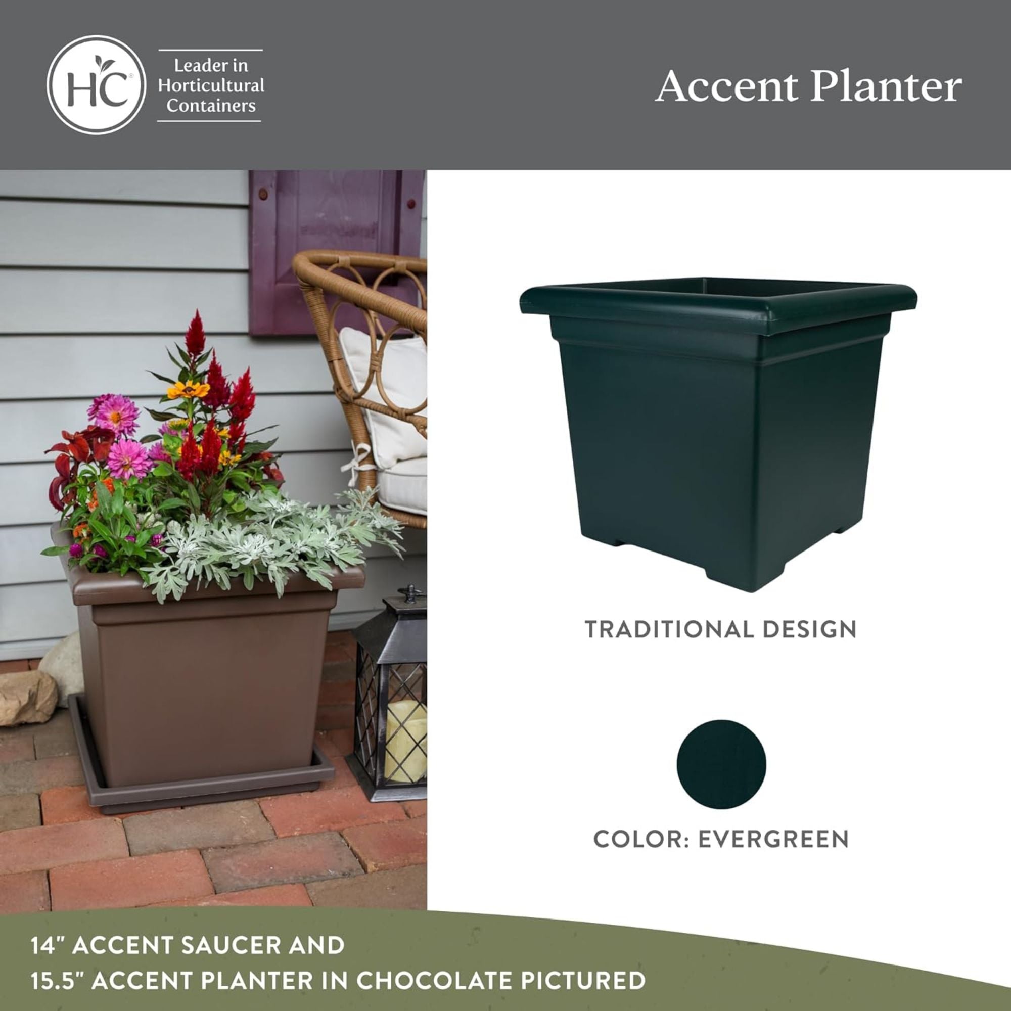 The HC Companies Accent Square Plastic Plant Pot with Drainage, 15.5", Evergreen - VMInnovations