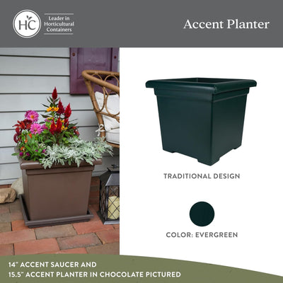 The HC Companies Accent Square Plastic Plant Pot with Drainage, 15.5", Evergreen - VMInnovations