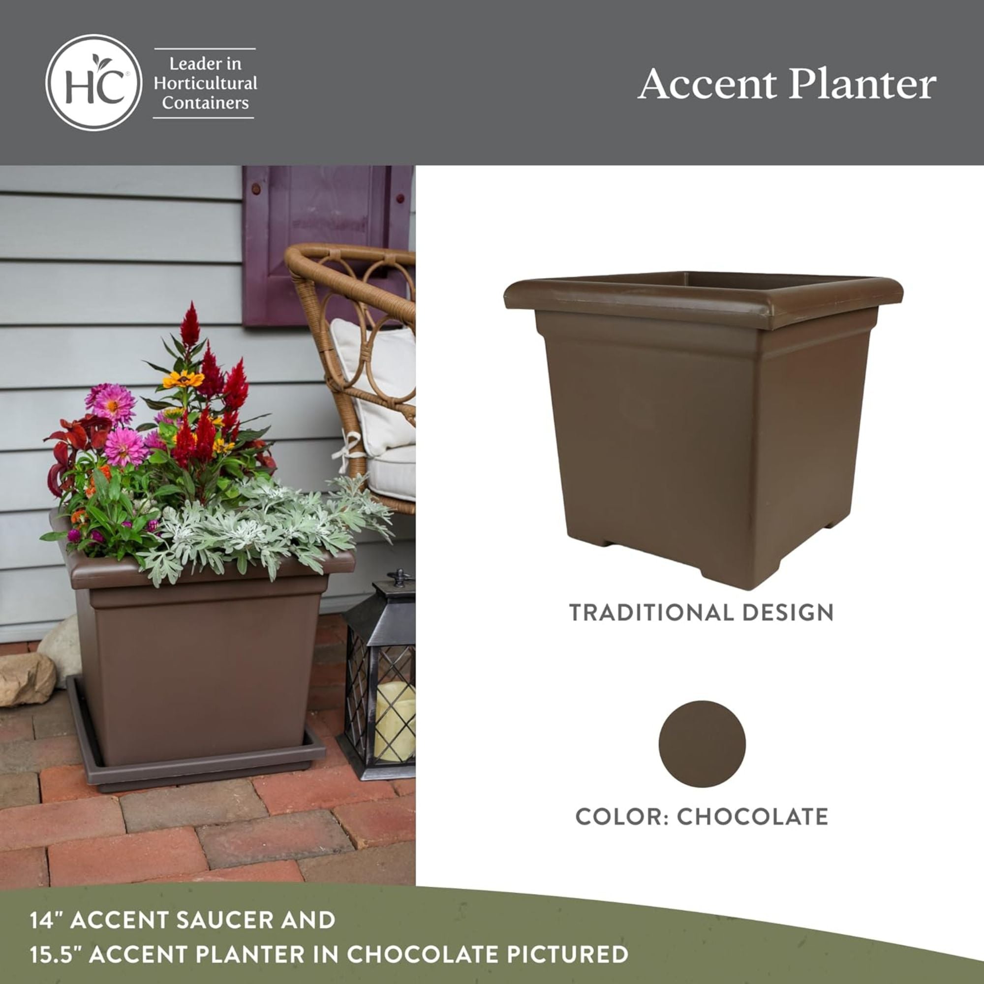 The HC Companies Accent Square Plastic Plant Pot with Drainage, 15.5", Chocolate - VMInnovations