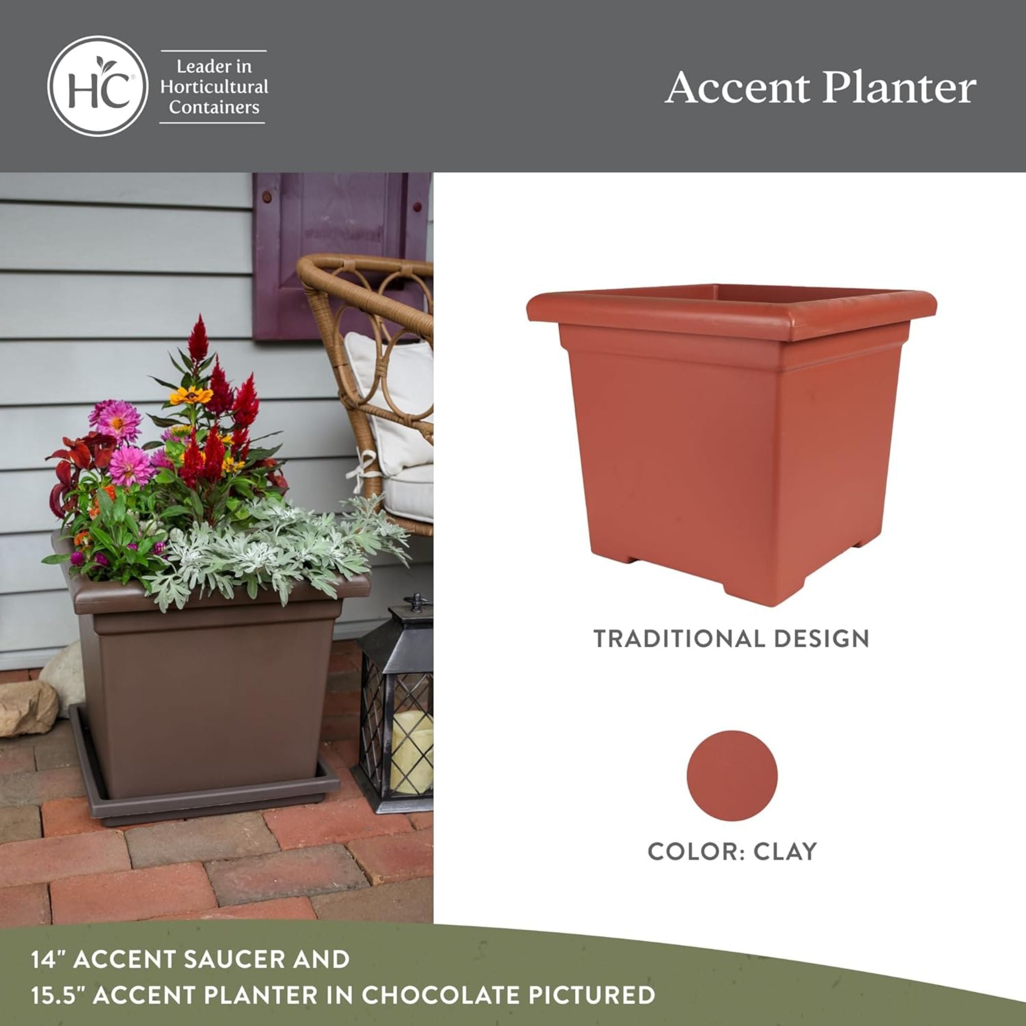 The HC Companies Accent Square Plastic Plant Pot with Drainage, 15.5 Inch, Clay - VMInnovations