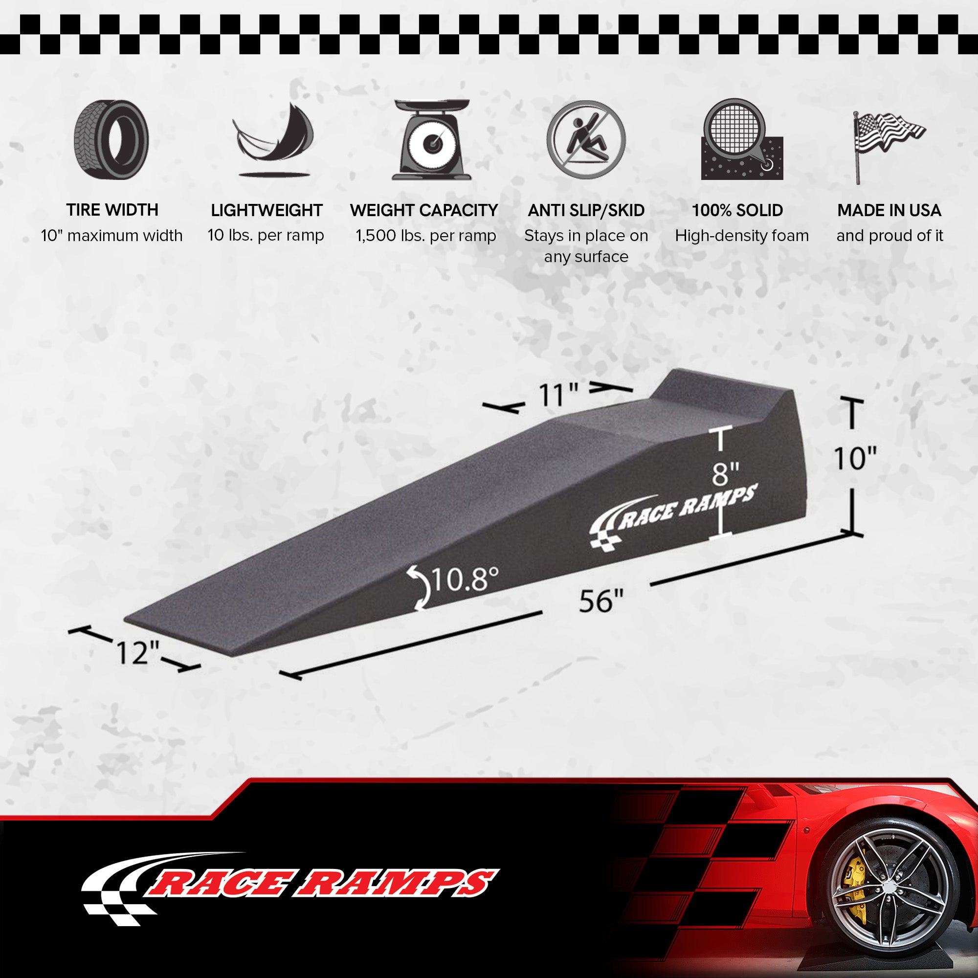 Race Ramps Lightweight Car Service Ramps for 10" Lift, Anti-Slip Black(Open Box) - VMInnovations