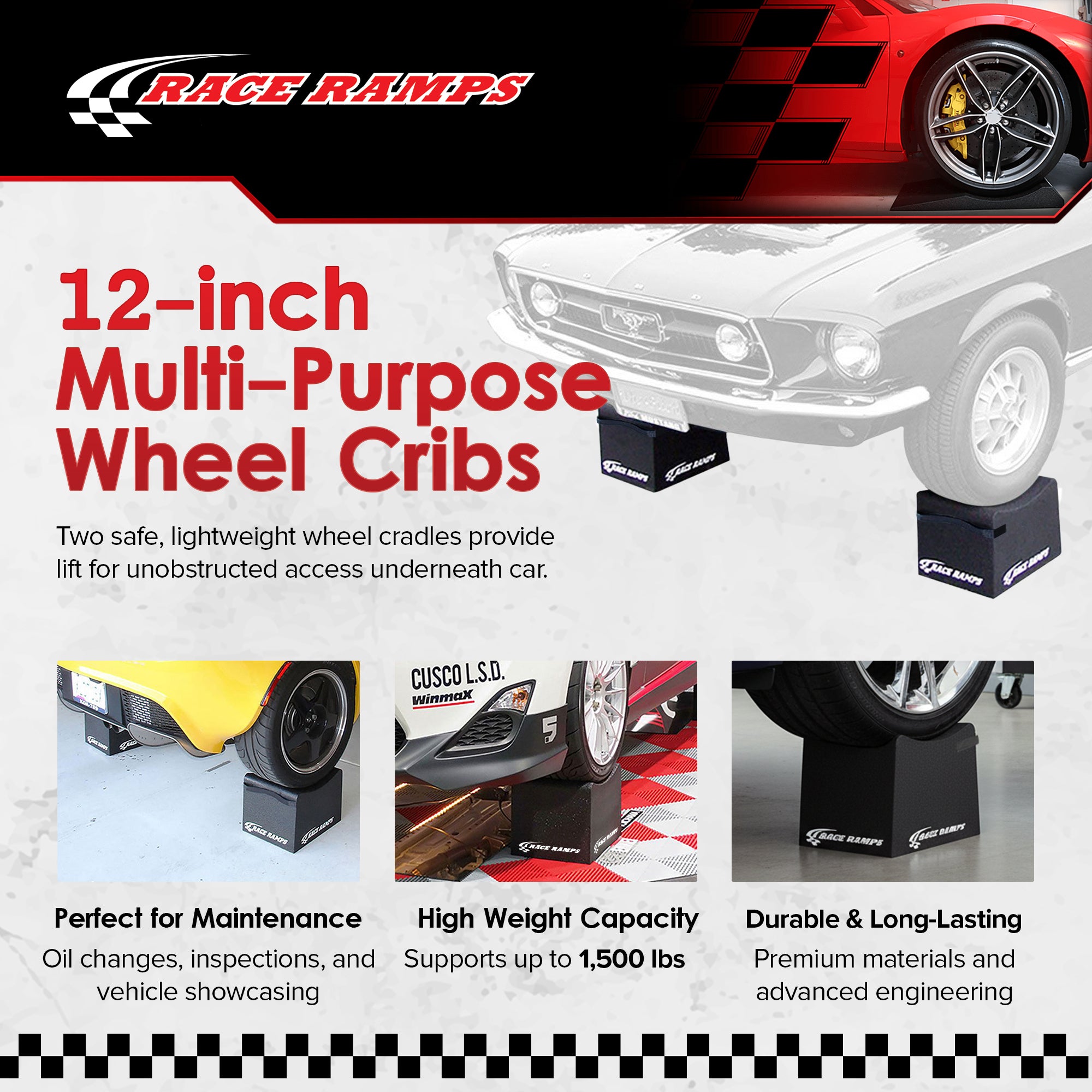 Race Ramps 12 Inch Wheel Cribs for Car Maintenance and Display, RR-WC-12, Black - VMInnovations