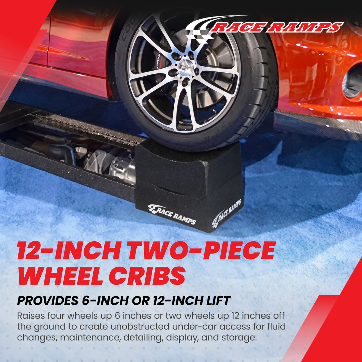 Race Ramps 12" Adjustable Wheel Cribs Car Maintenance Display, Black (Open Box) - VMInnovations