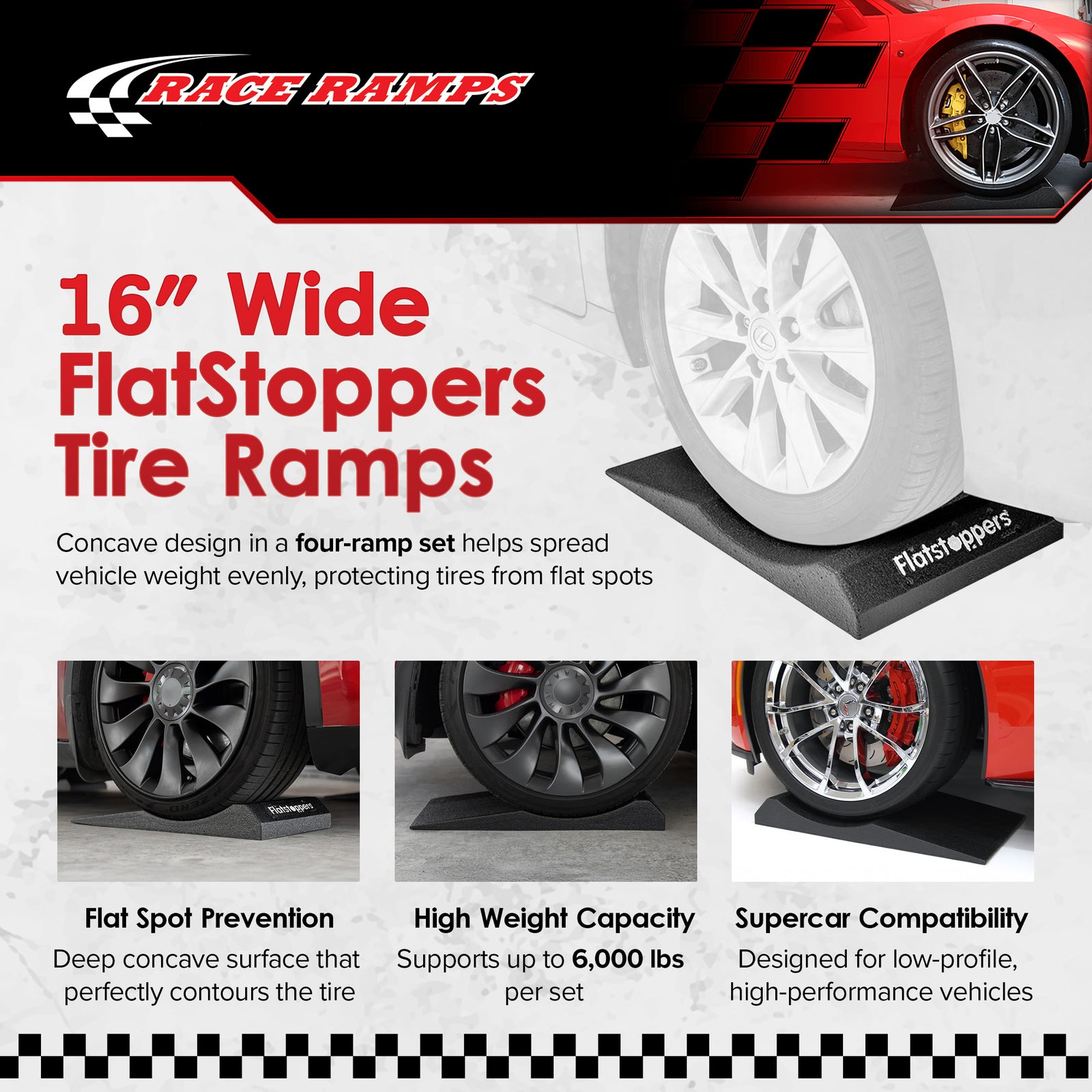 Race Ramps Supercar FlatStoppers, Tire Car Ramps for Storage, 16" Wide, Set of 4 - VMInnovations