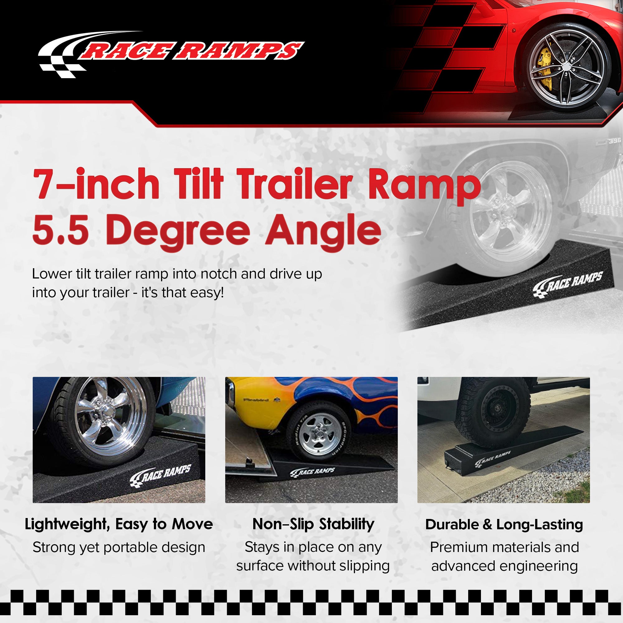 Race Ramps 7" Tilt Trailer Ramp Scratch Proof Lightweight Solid Core, RR-TR-7-TT - VMInnovations