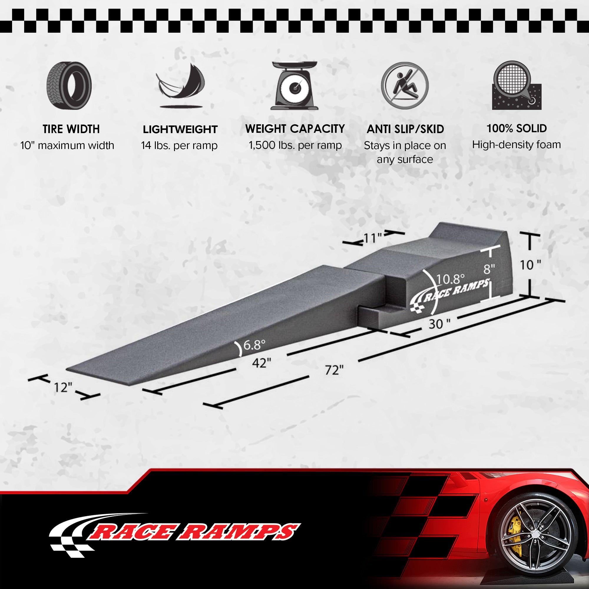 Race Ramps Lightweight Car Service Ramps for 10" Lift, Anti-Slip, RR-72-2, Black - VMInnovations