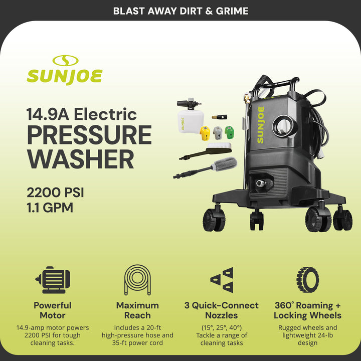 Sun Joe 14.9A Electric Pressure Washer w/Wheels & 7Pc Accessory Kit (Open Box)