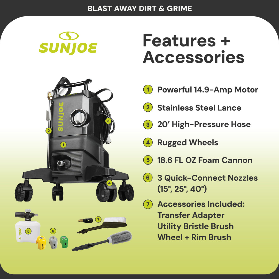 Sun Joe 14.9A Electric Pressure Washer w/Wheels & 7Pc Accessory Kit (Open Box)