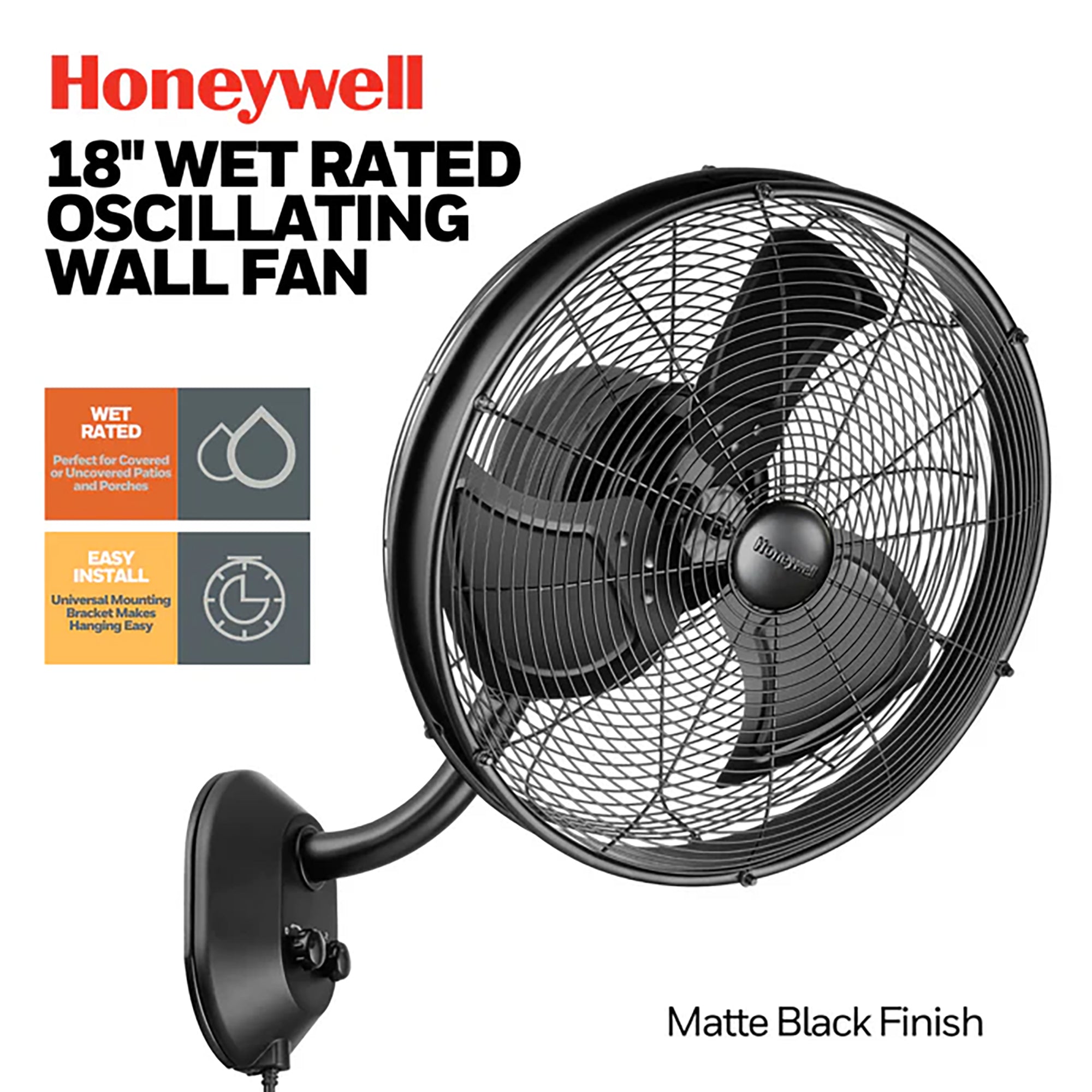 Mule 18 Inch Wall Mount Outdoor Oscillating Wet Rated Airflow Fan, Matte Black - VMInnovations