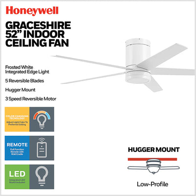 Honeywell 52" Ceiling Fan LED Light Remote Control Indoor Airflow Fixture, White - VMInnovations