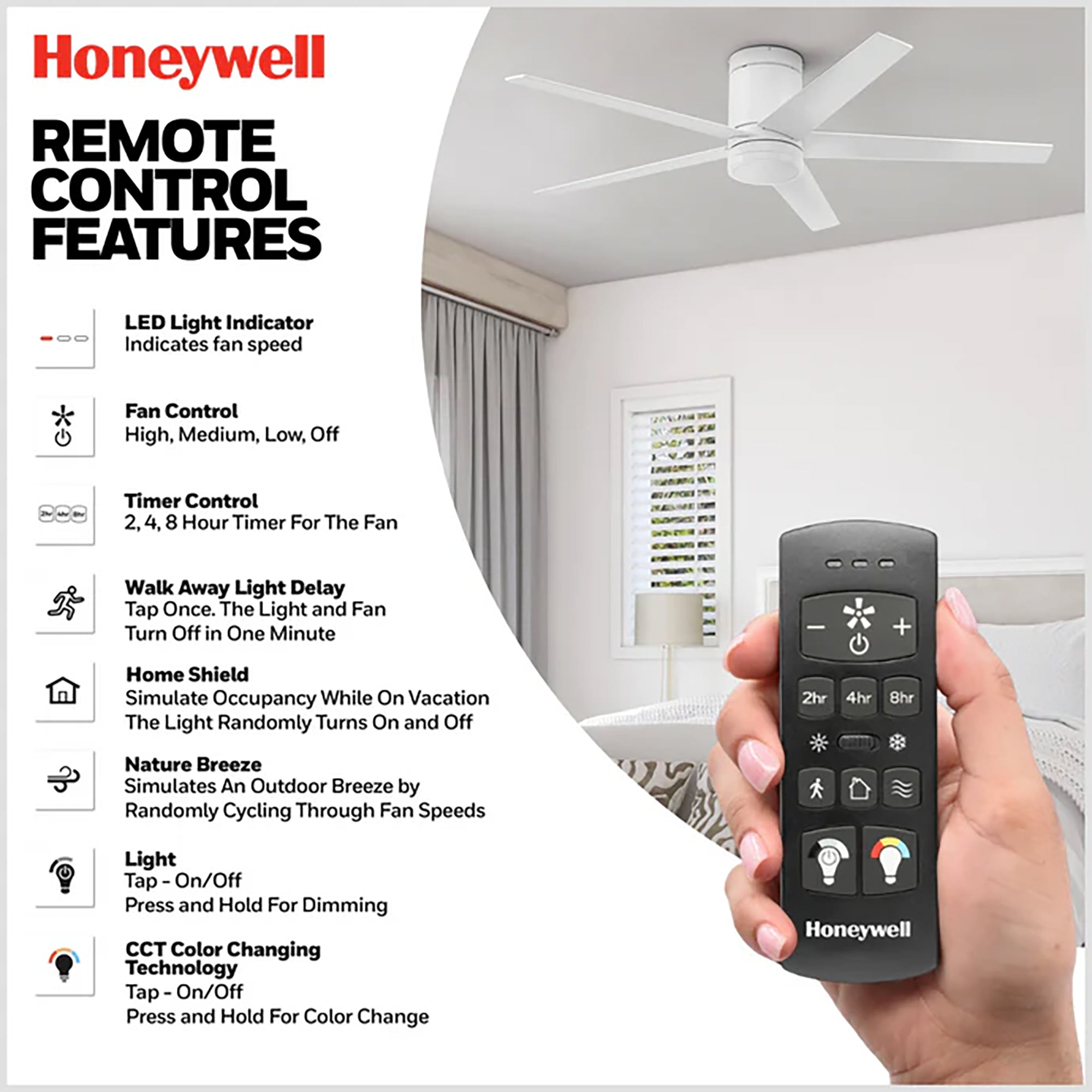 Honeywell 52" Ceiling Fan LED Light Remote Control Indoor Airflow Fixture, White - VMInnovations