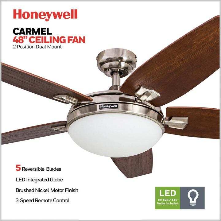 Honeywell Carmel Ceiling Fan, Quiet Motor & Remote Control, 48",Nickel(Open Box)