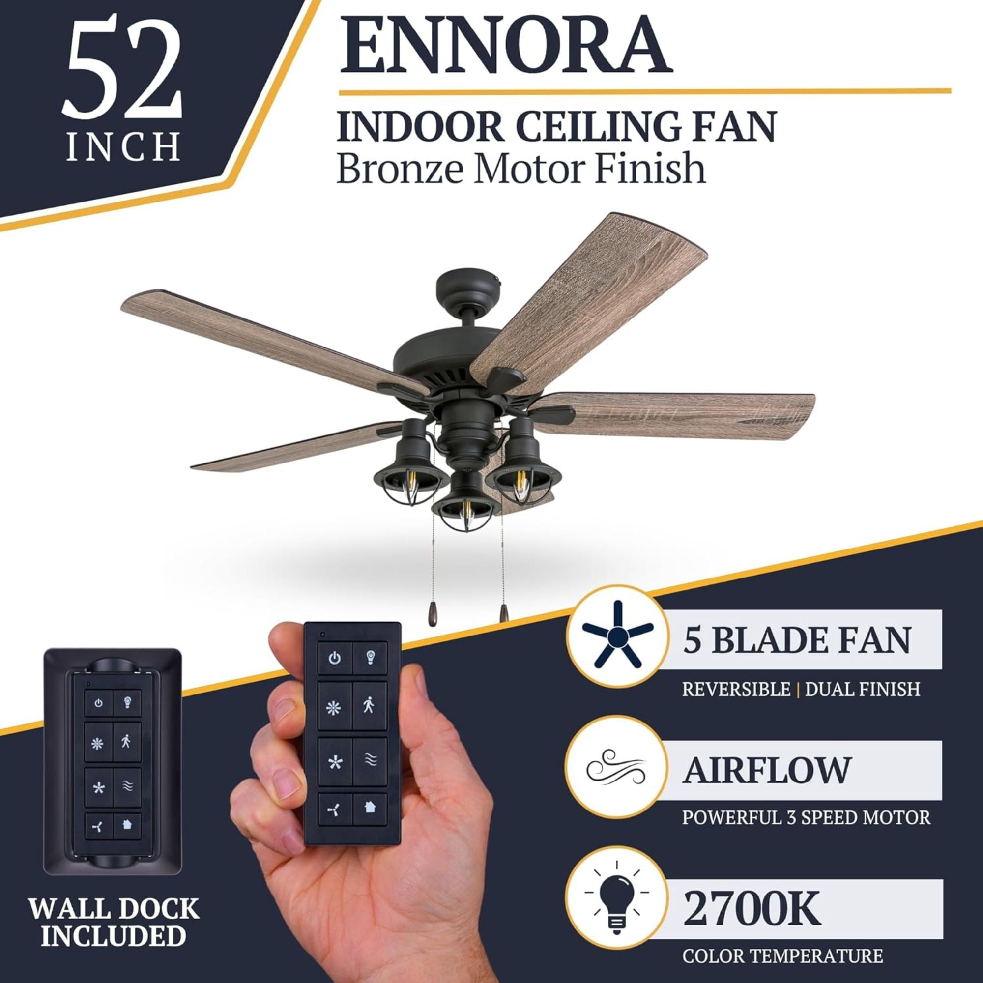 Prominence Home 52 Inch Ennora LED Ceiling Fan with Light and 5 Blades, Bronze - VMInnovations