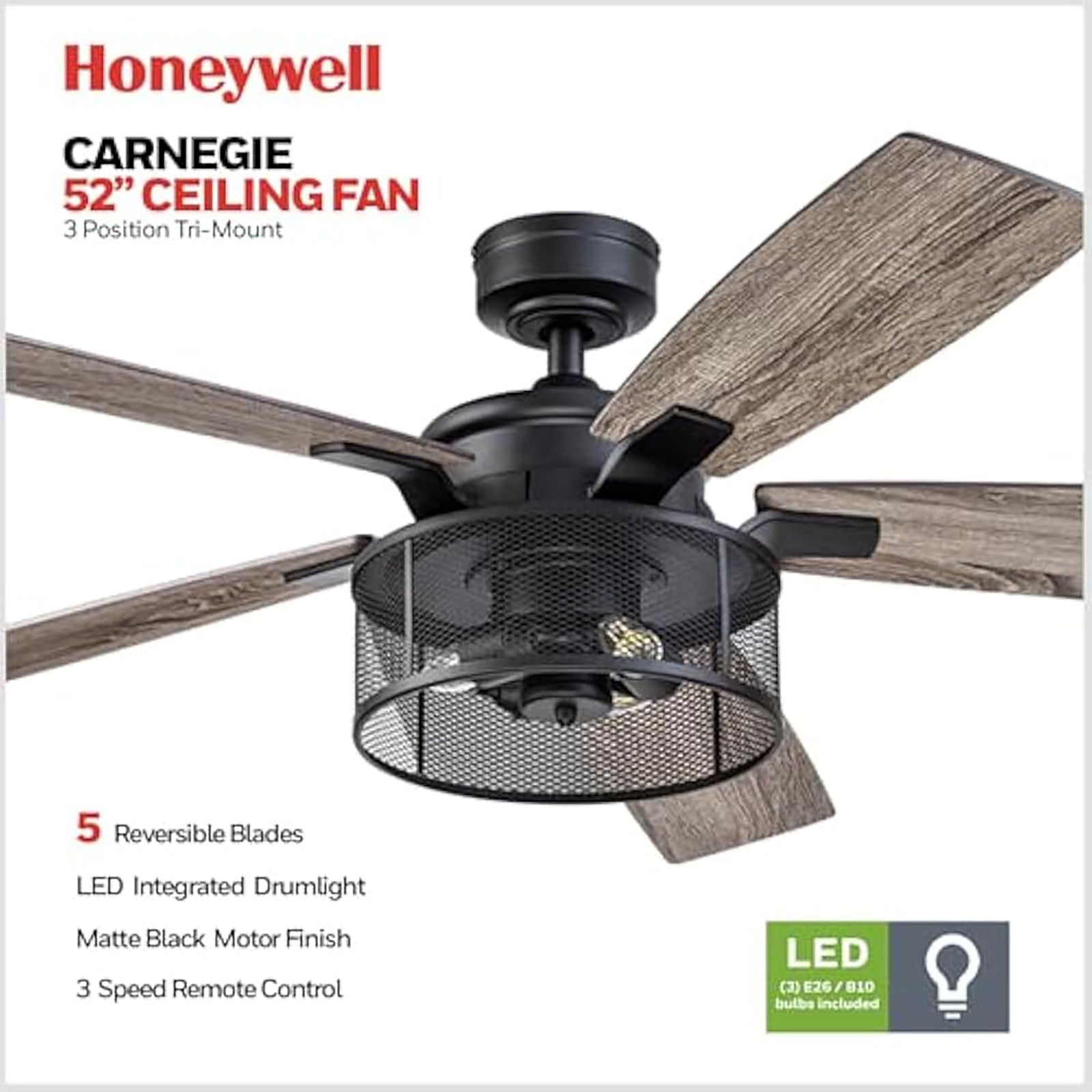 Honeywell Carnegie Ceiling Fan, Quiet Motor and Remote Control, 52" (Open Box) - VMInnovations