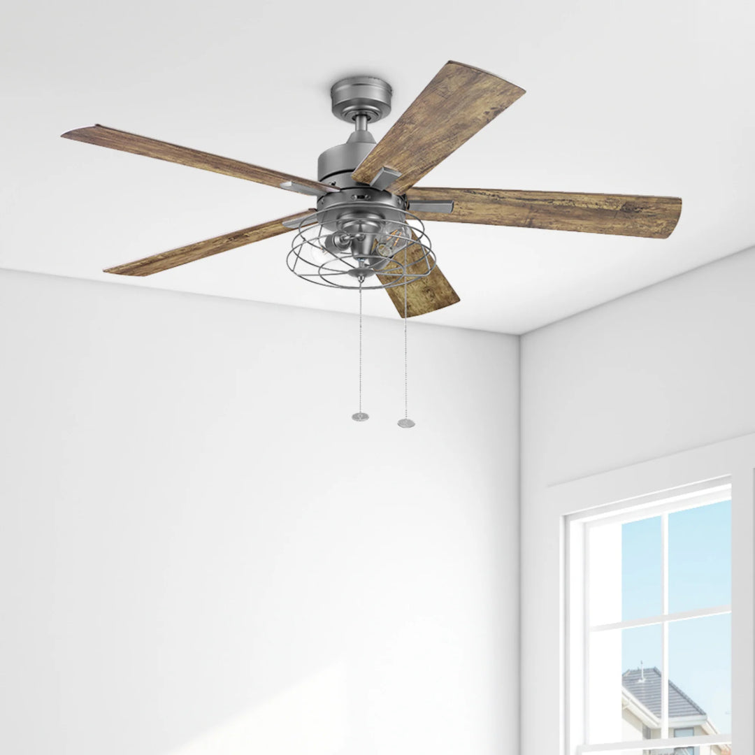 Prominence Home 52" Industrial Ceiling Fa, LED Light Pull Chain Marshall, Pewter