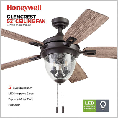 Honeywell Glencrest Ceiling Fan, Quite Motor and Pull Chain Control, 52", Bronze (For Parts)