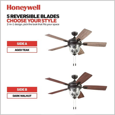 Honeywell Ceiling Fan, Quite Motor & Pull Chain Control, 52", Bronze (Open Box)