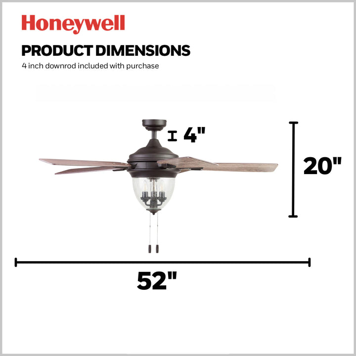 Honeywell Ceiling Fan, Quite Motor & Pull Chain Control, 52", Bronze (Open Box)