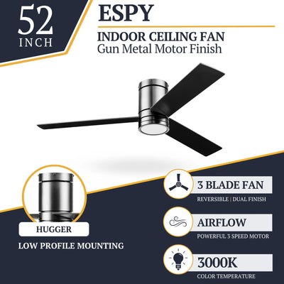 Prominence Home 52" Ceiling Fan, LED Light, Remote, Flush Mount, Espy, Gun Metal - VMInnovations