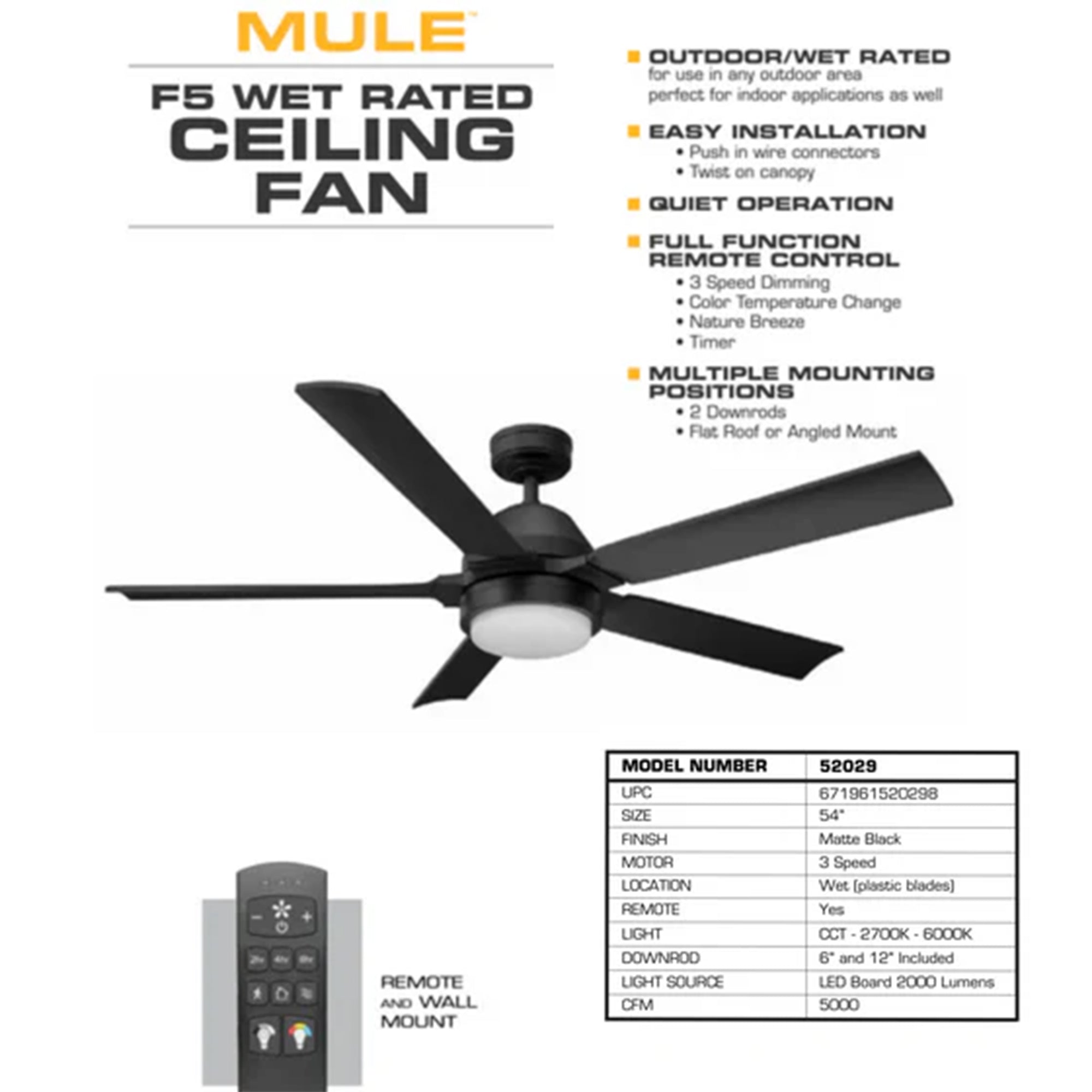 Mule 54 In Outdoor Ceiling Fan with Light, Remote Control & 5 Blades (Open Box)