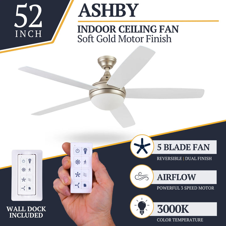 Prominence Home 52" Modern Ceiling Fan, Light, Remote Control, Gold (Open Box)