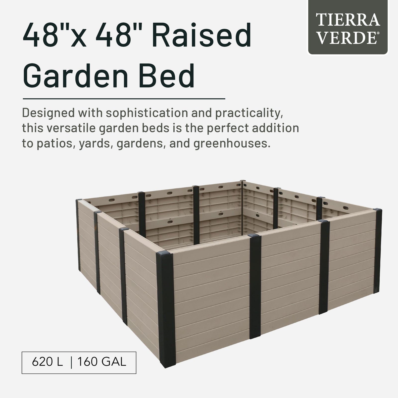 Tierra Verde 48-Inch x 48-Inch Raised Garden Bed for Patios or Decks, Khaki - VMInnovations