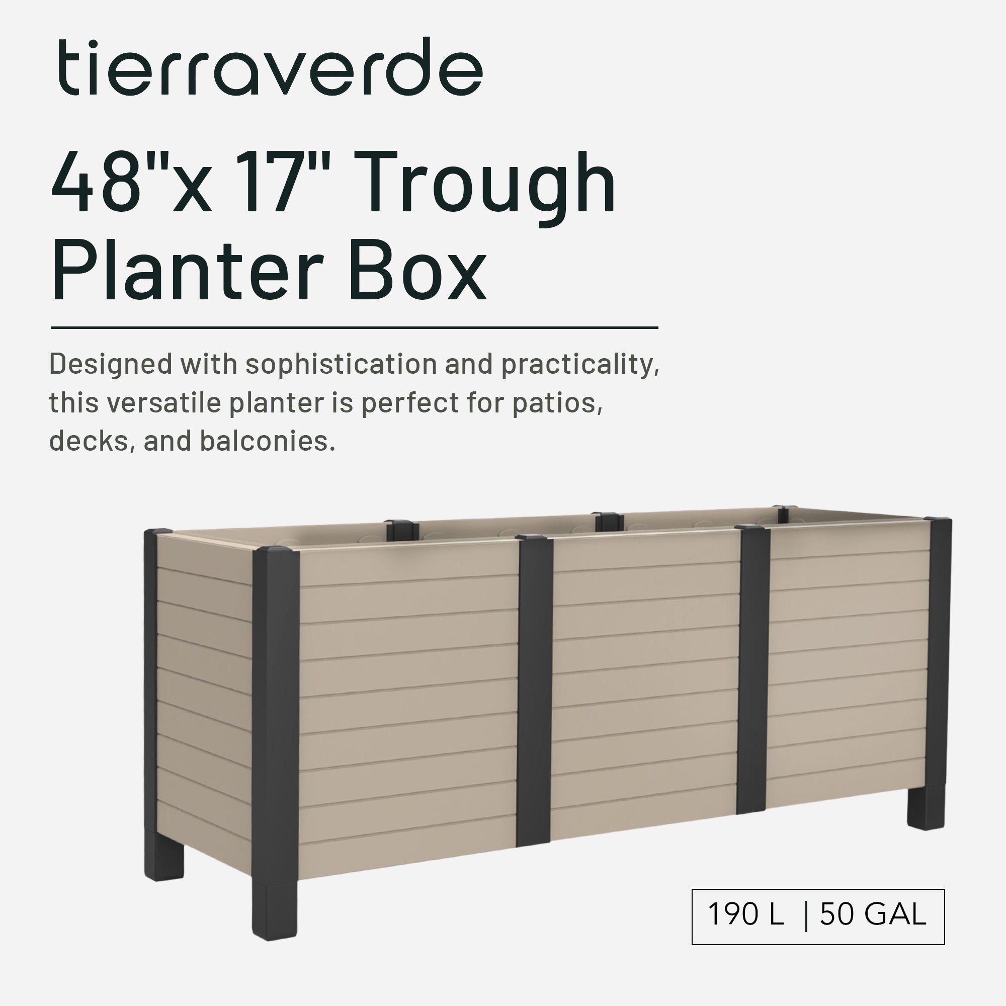 Tierra Verde 17"x48" Raised Garden Trough Box for Patio or Deck (Open Box) - VMInnovations