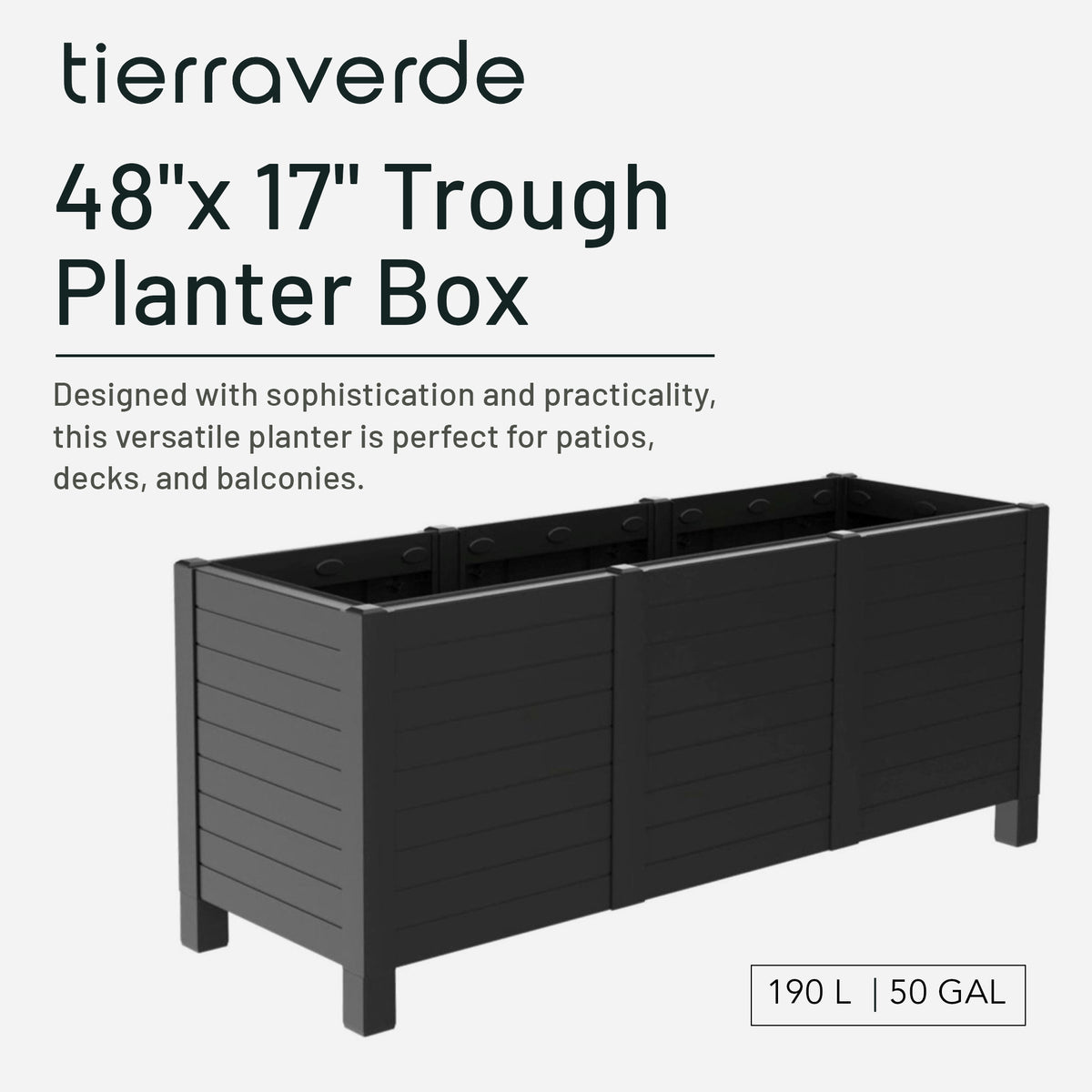 Tierra Verde 17"x48"Raised Garden Trough Box for Patio or Deck, Black (Open Box)