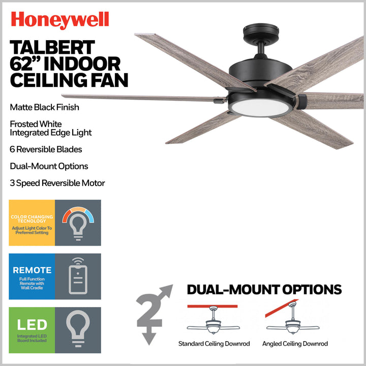 Honeywell Talbert Ceiling Fan, Color Changing LED and Remote, 62" (Open Box)