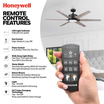 Honeywell Talbert Ceiling Fan, Color Changing LED and Remote, 62", Matte Black - VMInnovations