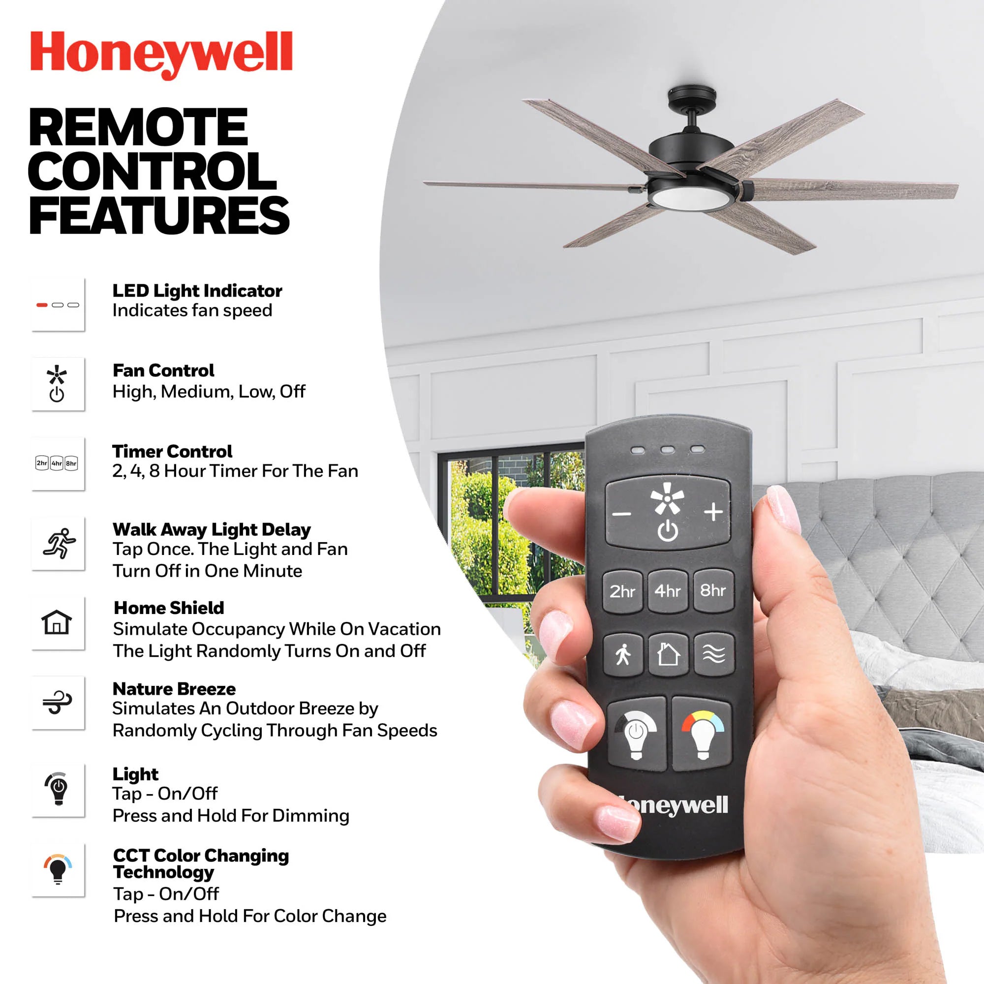 Honeywell Talbert Ceiling Fan, Color Changing LED and Remote, 62" (Open Box) - VMInnovations