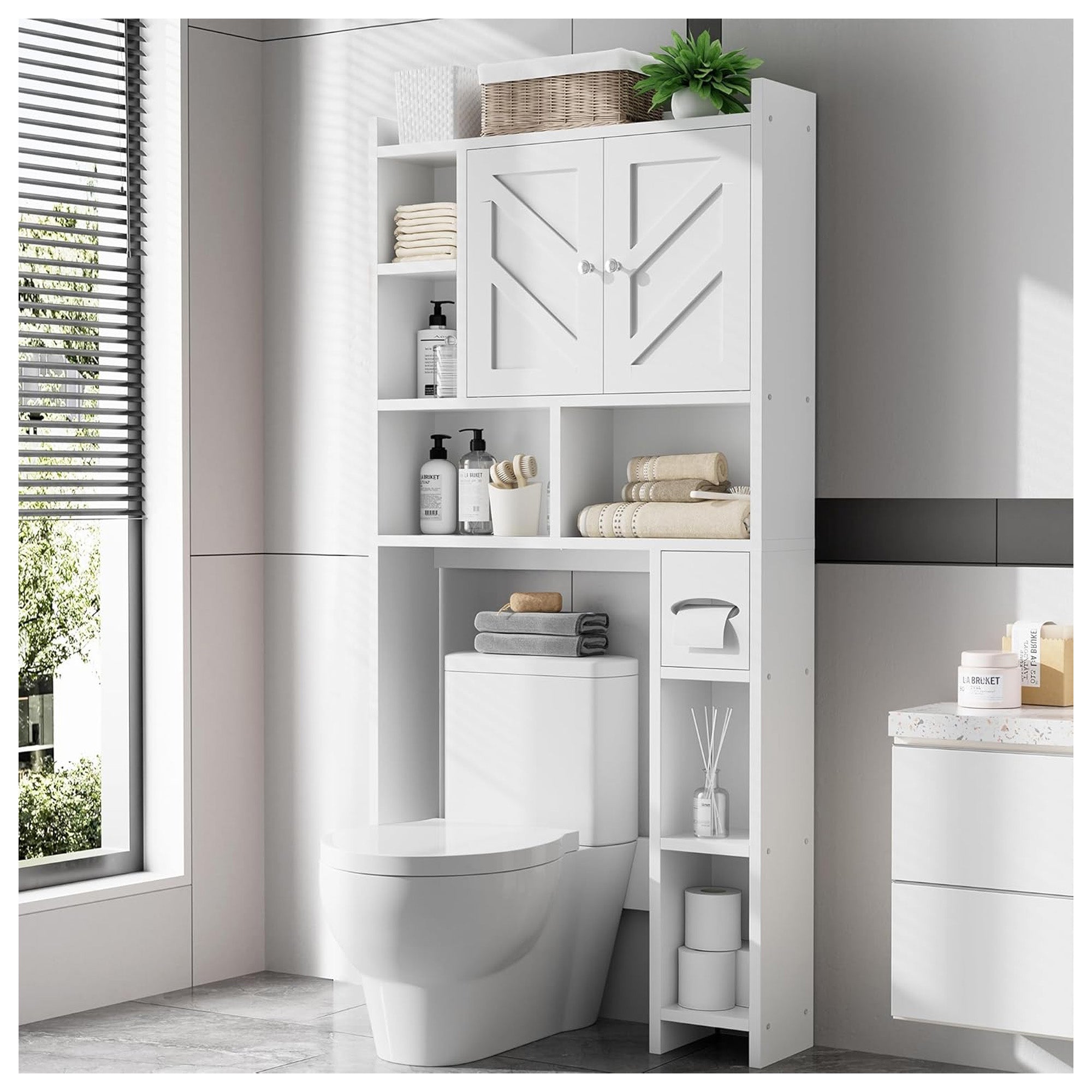 Meilocar Over Toilet Storage Cabinet with Shelves & Tissue Holder, White (Used) - VMInnovations