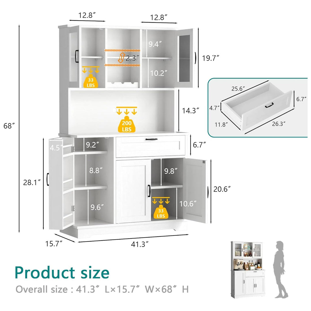 Vongrasig Kitchen Pantry Cabinet w/Hutch, Drawer & Shelves, White(For Parts)